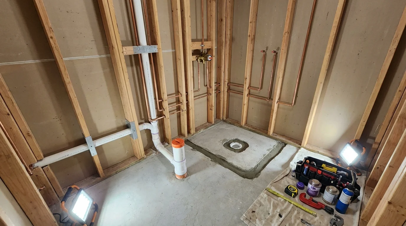 Bathroom rough-in plumbing during remodel by Johns Plumbing LLC in Wauseon
