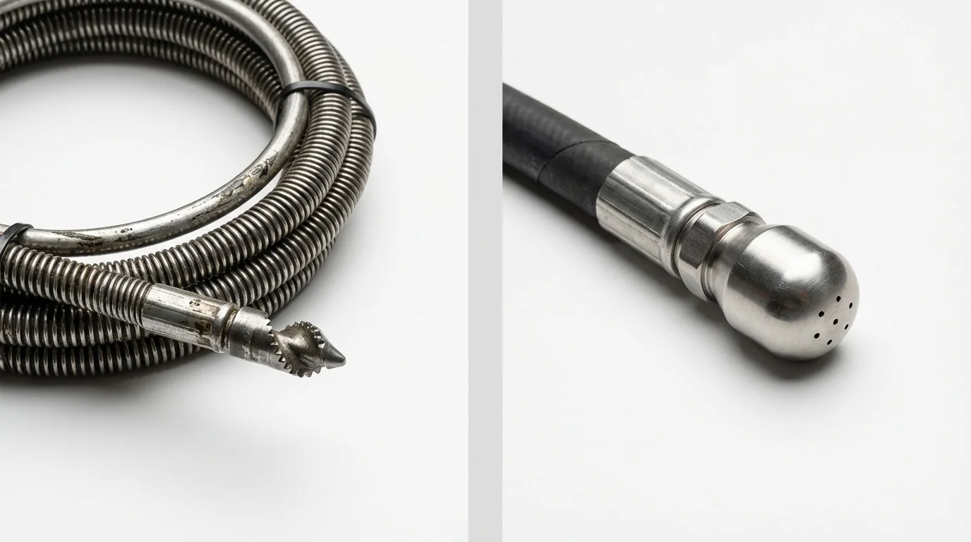 Drain snake cable and hydro jetting nozzle used for drain cleaning in Wauseon, OH