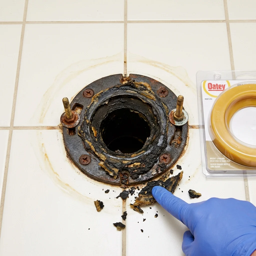 Failed wax ring showing water seepage at the base of a toilet in a Wauseon, OH home